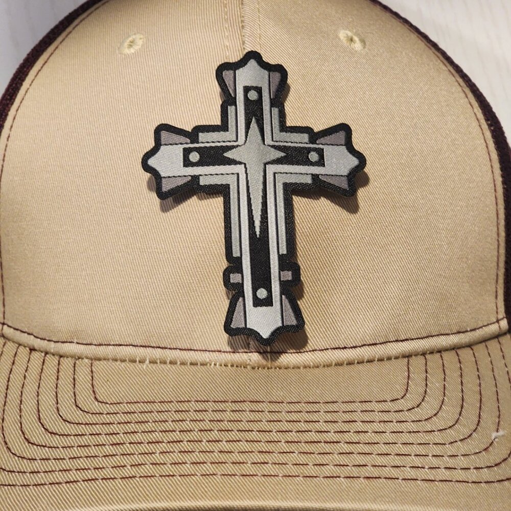 Silver Cross Patched Khaki/Maroon Mesh Snapback Trucker Hat